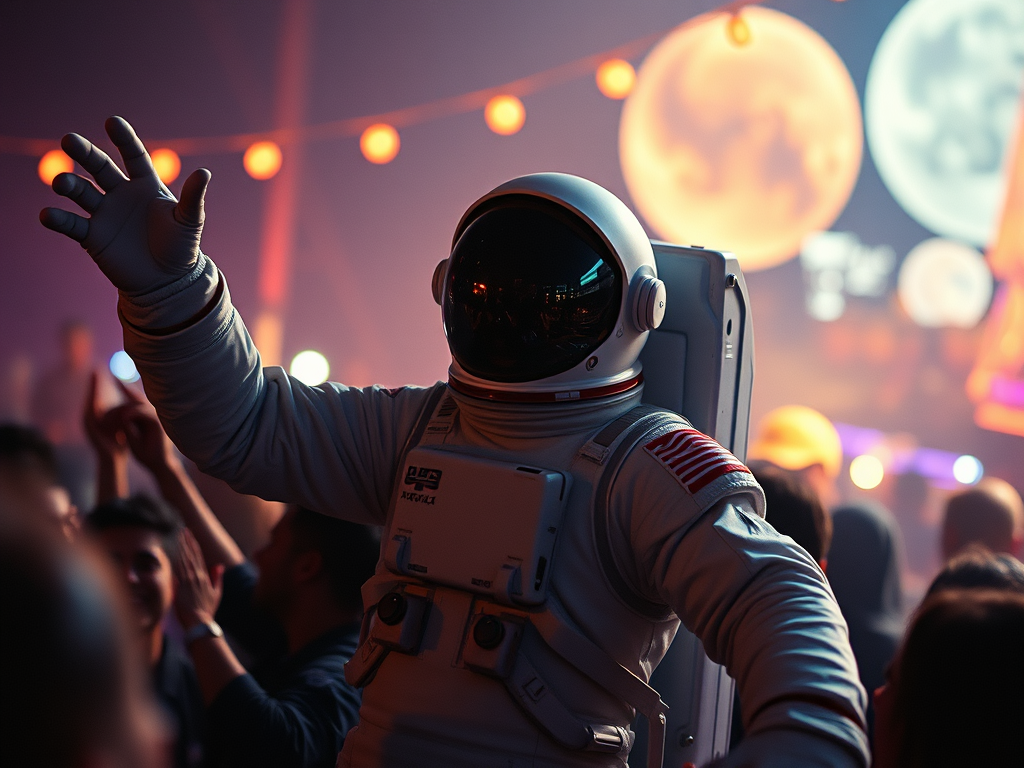astronaut raving energetically at a lunar festival, 3:4 orientation